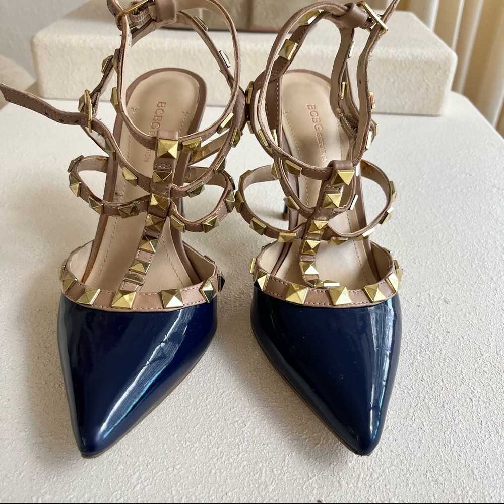 BCBGeneration ✦ Darron Rockstud Heel Sandals ✦ Navy Patent Leather + Gold Studs